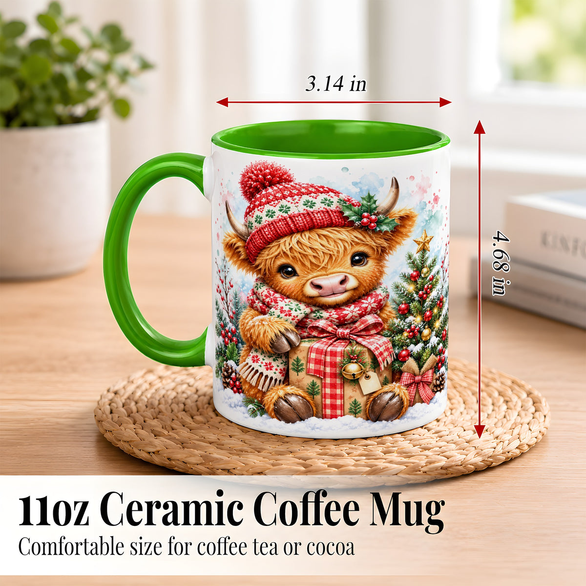 #pl[11oz|Green] Watercolor Highland Cow Coffee Mug, Christmas Cow Mug, Ceramic Cup