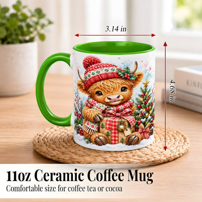 #pl[11oz|Green] Watercolor Highland Cow Coffee Mug, Christmas Cow Mug, Ceramic Cup
