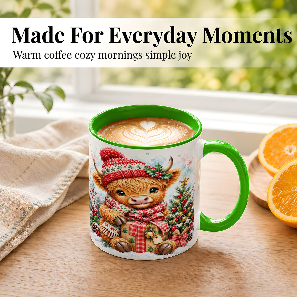 #pl[11oz|Green] Watercolor Highland Cow Coffee Mug, Christmas Cow Mug, Ceramic Cup