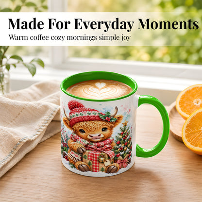 #pl[11oz|Green] Watercolor Highland Cow Coffee Mug, Christmas Cow Mug, Ceramic Cup