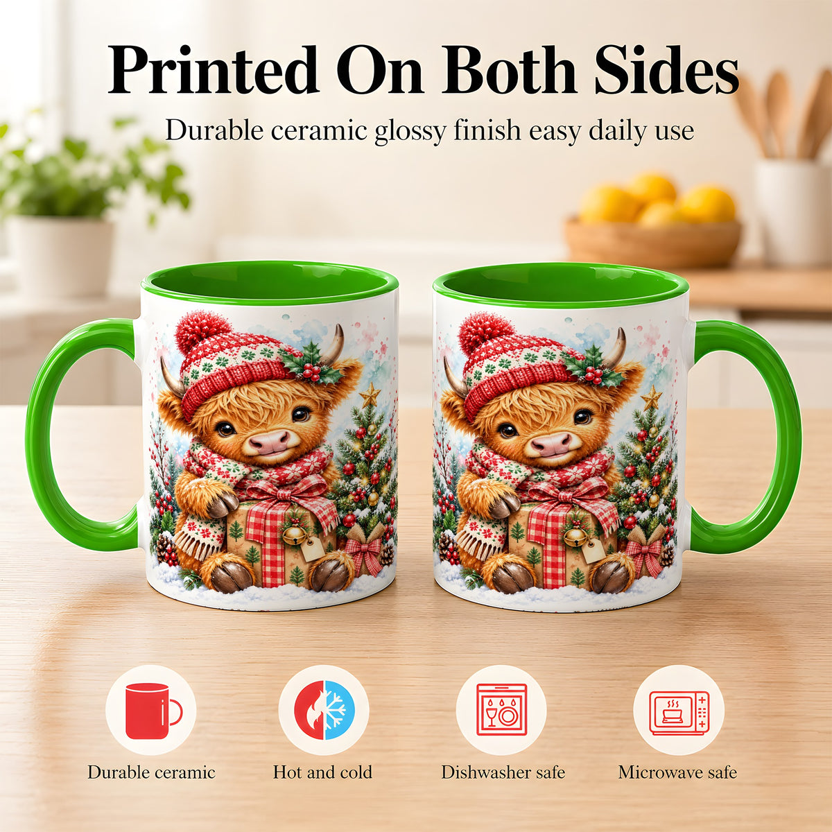 #pl[11oz|Green] Watercolor Highland Cow Coffee Mug, Christmas Cow Mug, Ceramic Cup