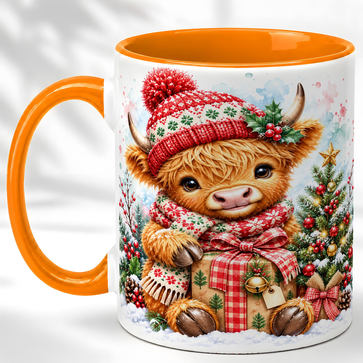 #pl[11oz|Orange] Watercolor Highland Cow Coffee Mug, Christmas Cow Mug, Ceramic Cup