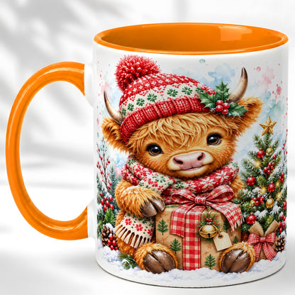 #pl[11oz|Orange] Watercolor Highland Cow Coffee Mug, Christmas Cow Mug, Ceramic Cup