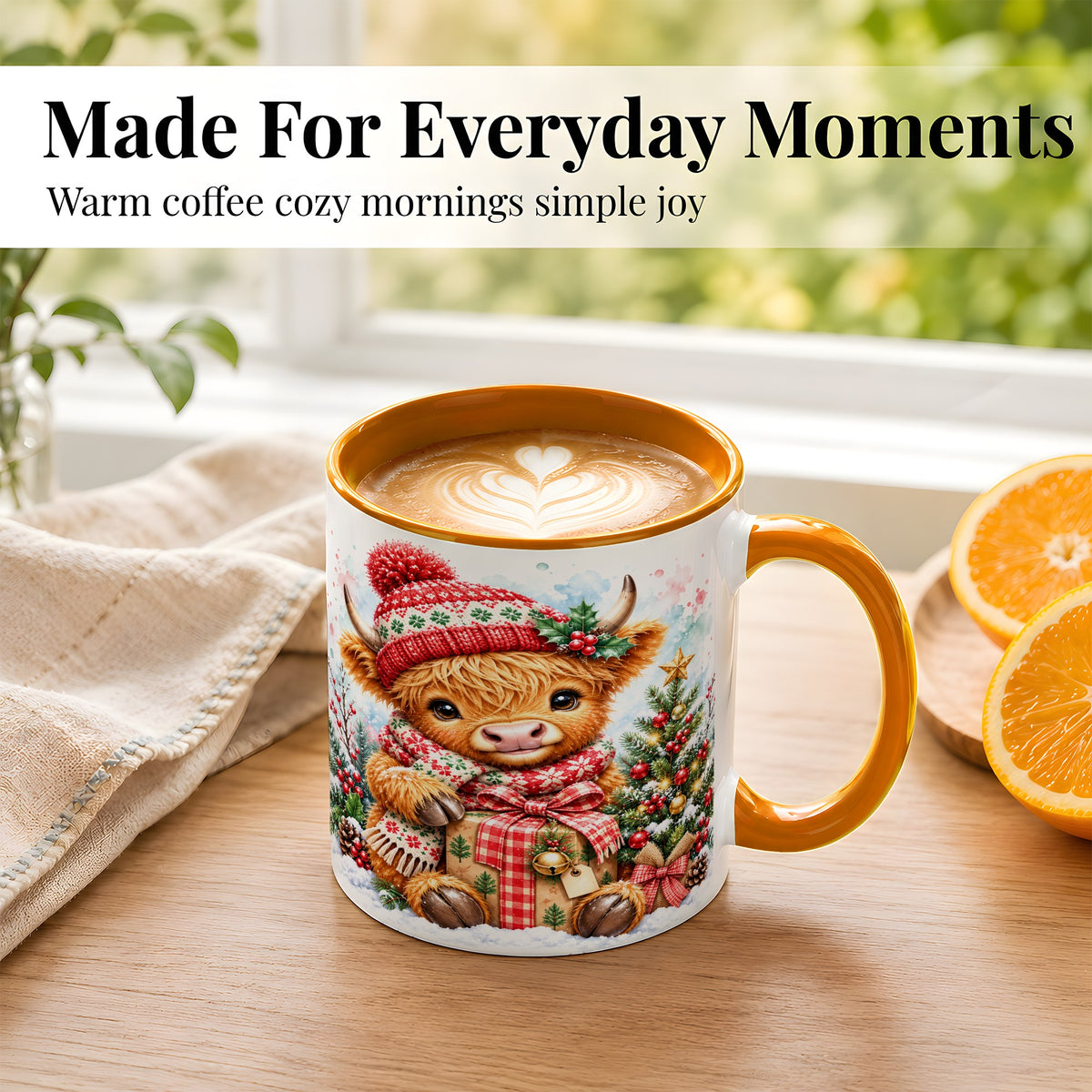 #pl[11oz|Orange] Watercolor Highland Cow Coffee Mug, Christmas Cow Mug, Ceramic Cup