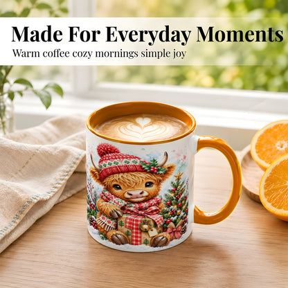 #pl[11oz|Orange] Watercolor Highland Cow Coffee Mug, Christmas Cow Mug, Ceramic Cup