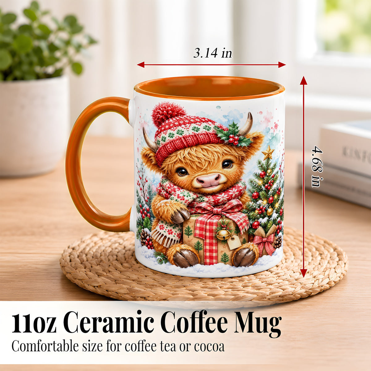 #pl[11oz|Orange] Watercolor Highland Cow Coffee Mug, Christmas Cow Mug, Ceramic Cup