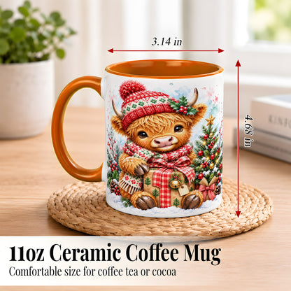 #pl[11oz|Orange] Watercolor Highland Cow Coffee Mug, Christmas Cow Mug, Ceramic Cup