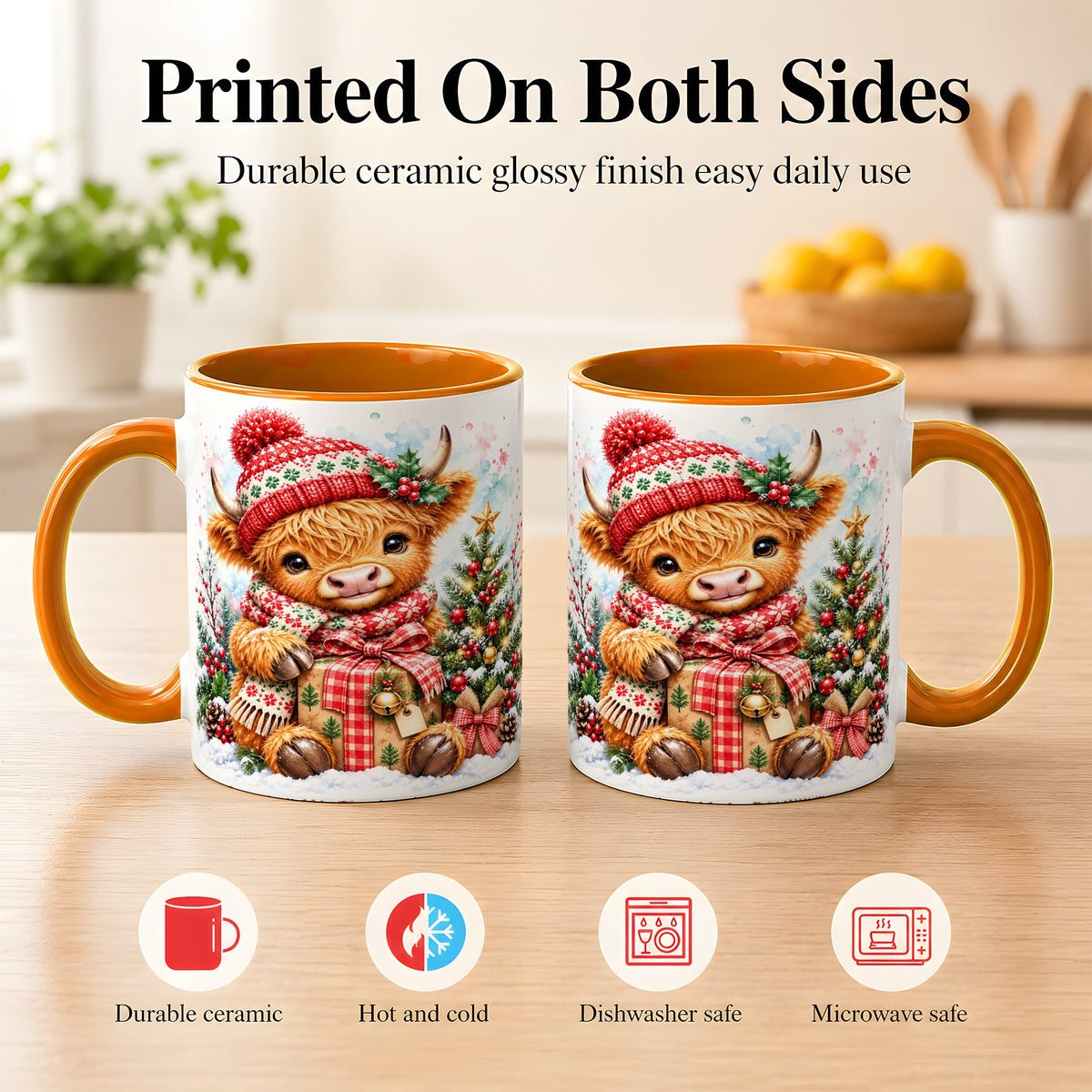 #pl[11oz|Orange] Watercolor Highland Cow Coffee Mug, Christmas Cow Mug, Ceramic Cup
