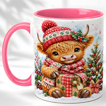 #pl[11oz|Pink] Watercolor Highland Cow Coffee Mug, Christmas Cow Mug, Ceramic Cup
