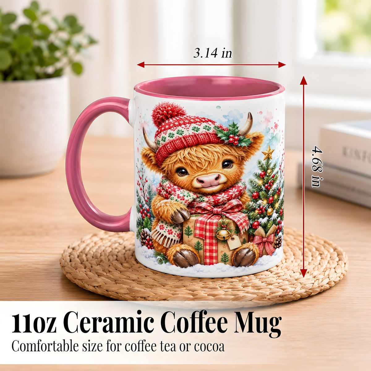 #pl[11oz|Pink] Watercolor Highland Cow Coffee Mug, Christmas Cow Mug, Ceramic Cup