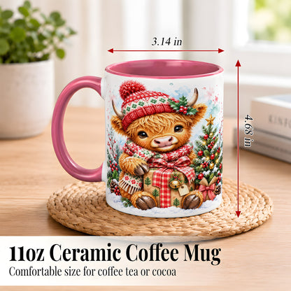 #pl[11oz|Pink] Watercolor Highland Cow Coffee Mug, Christmas Cow Mug, Ceramic Cup