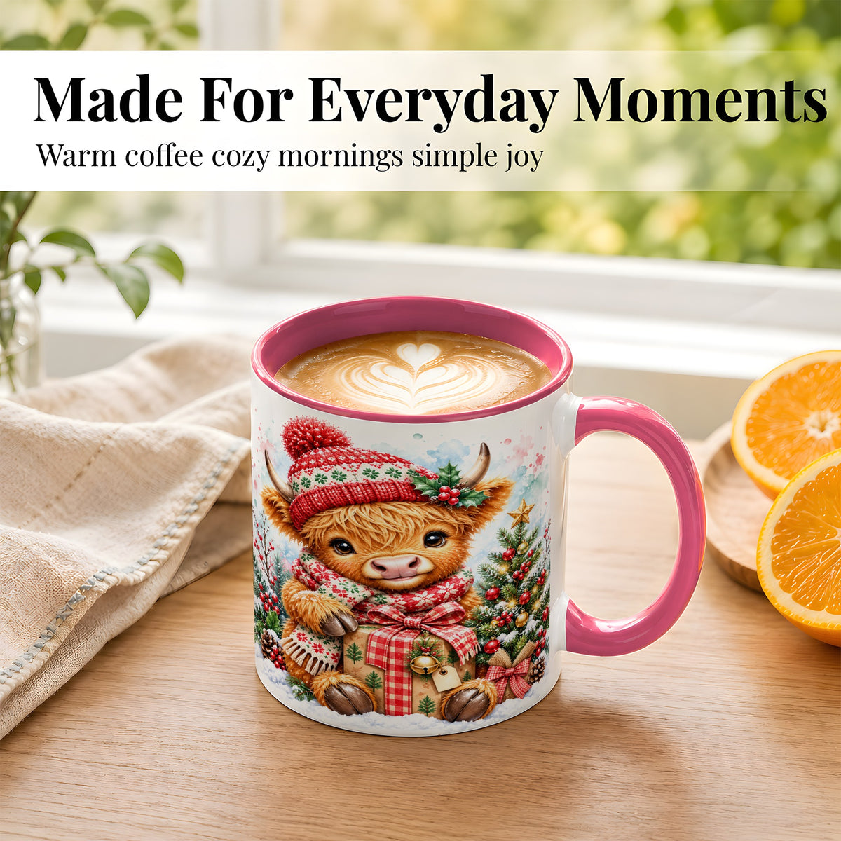 #pl[11oz|Pink] Watercolor Highland Cow Coffee Mug, Christmas Cow Mug, Ceramic Cup