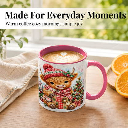 #pl[11oz|Pink] Watercolor Highland Cow Coffee Mug, Christmas Cow Mug, Ceramic Cup