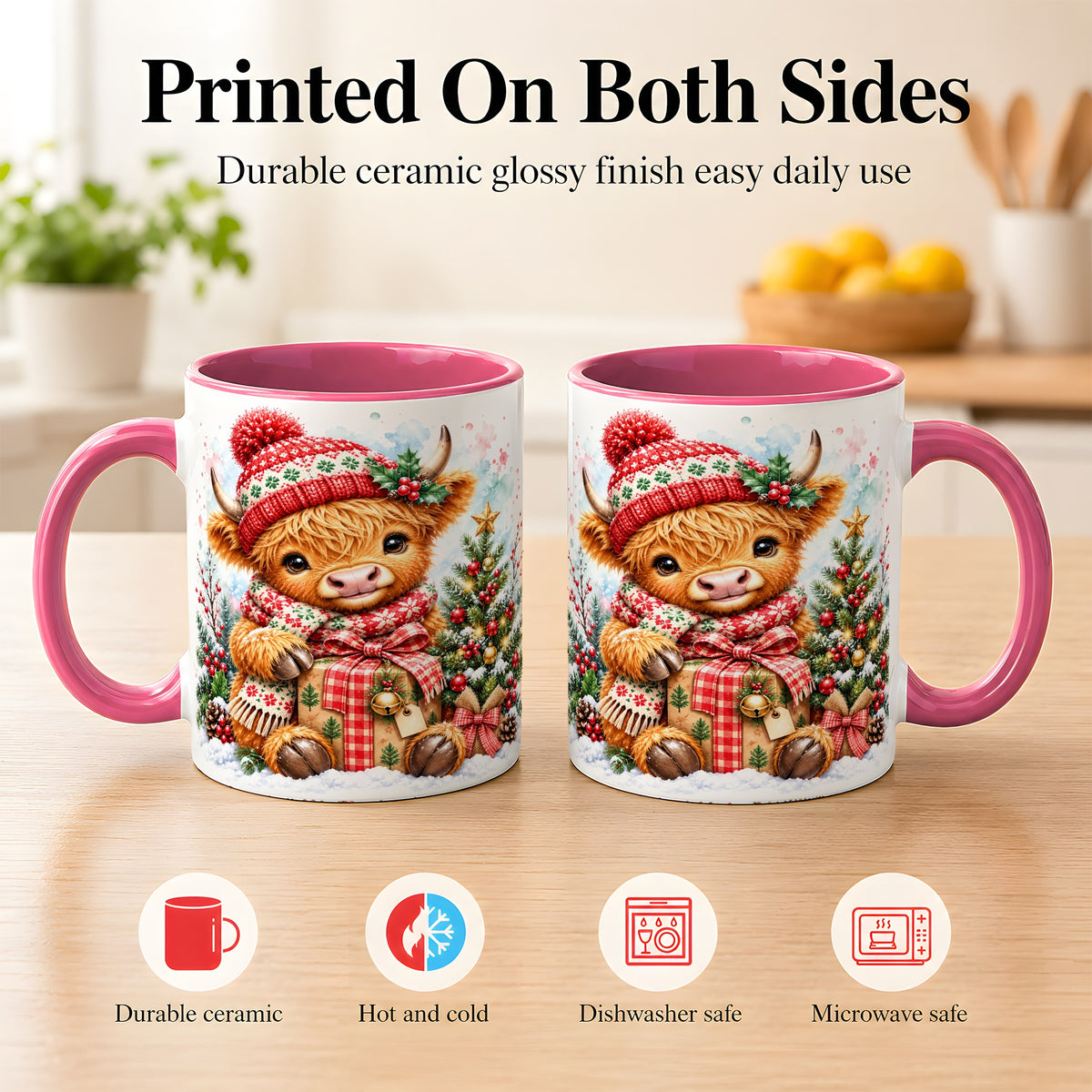 #pl[11oz|Pink] Watercolor Highland Cow Coffee Mug, Christmas Cow Mug, Ceramic Cup