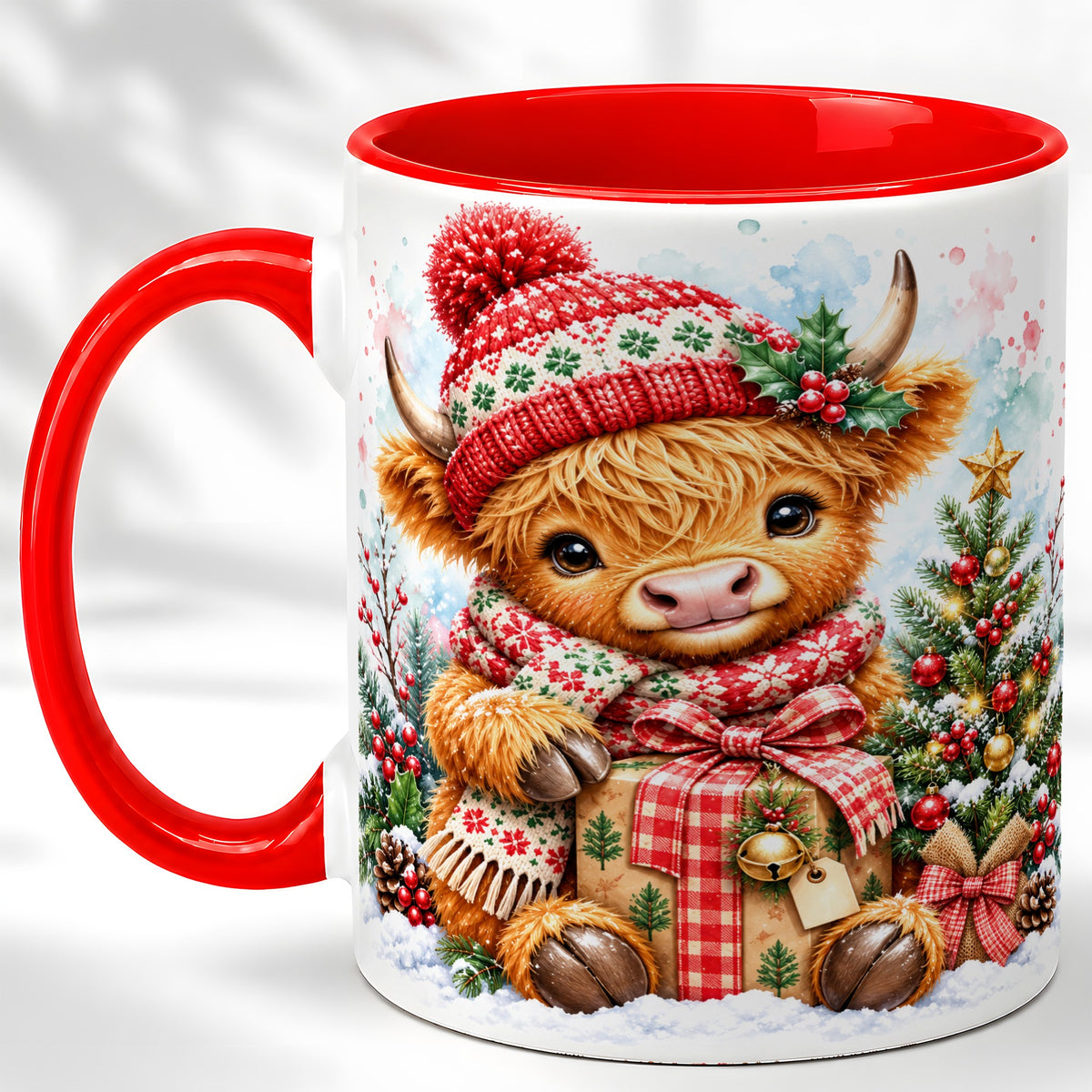 #pl[11oz|Red] Watercolor Highland Cow Coffee Mug, Christmas Cow Mug, Ceramic Cup