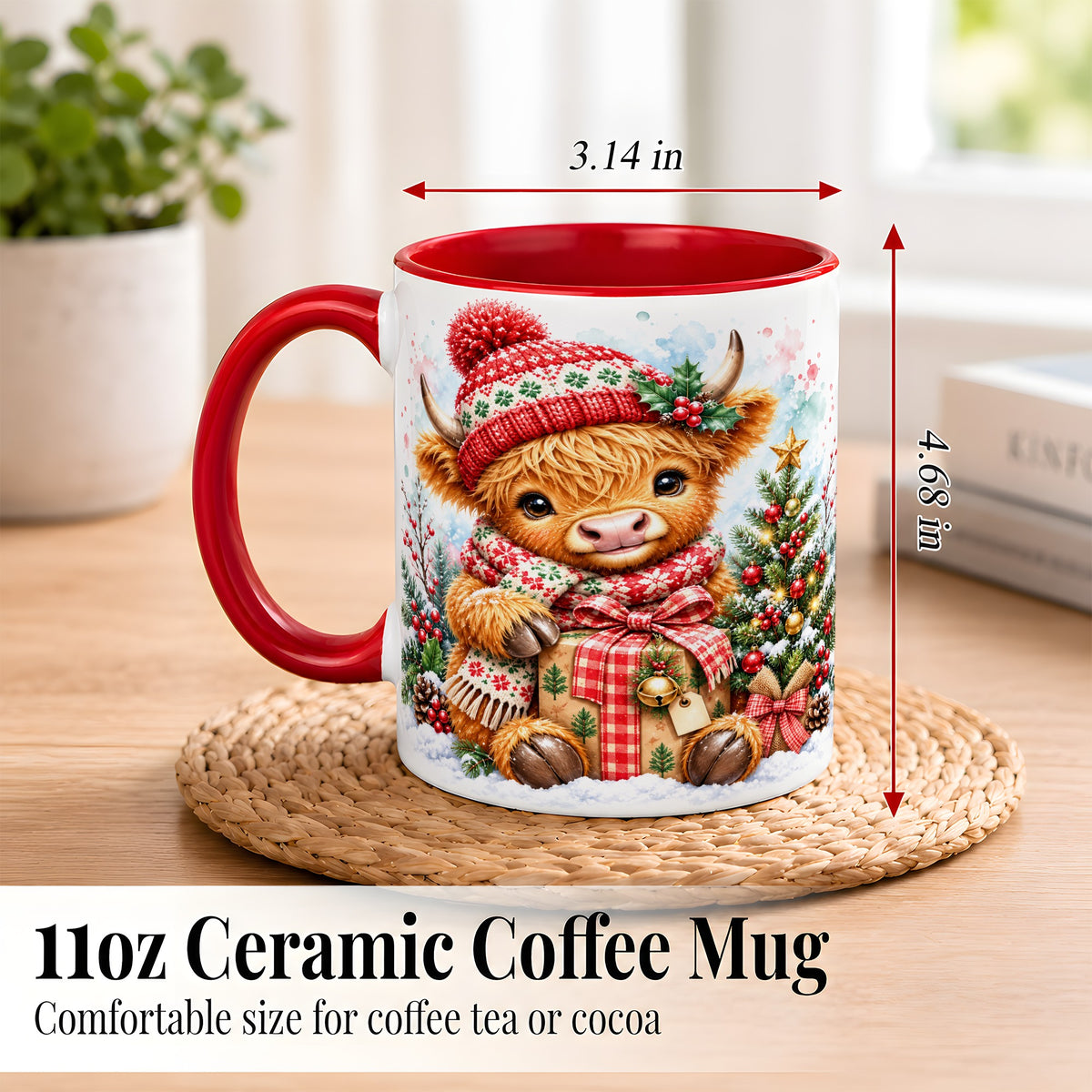 #pl[11oz|Red] Watercolor Highland Cow Coffee Mug, Christmas Cow Mug, Ceramic Cup