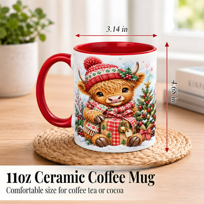 #pl[11oz|Red] Watercolor Highland Cow Coffee Mug, Christmas Cow Mug, Ceramic Cup