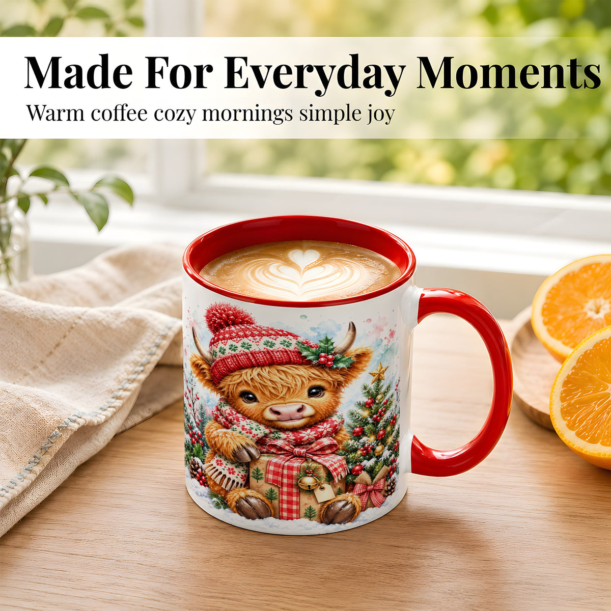 #pl[11oz|Red] Watercolor Highland Cow Coffee Mug, Christmas Cow Mug, Ceramic Cup