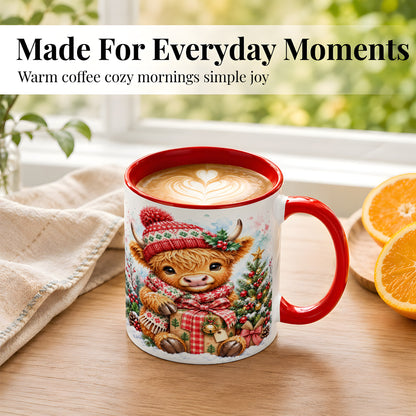 #pl[11oz|Red] Watercolor Highland Cow Coffee Mug, Christmas Cow Mug, Ceramic Cup