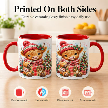#pl[11oz|Red] Watercolor Highland Cow Coffee Mug, Christmas Cow Mug, Ceramic Cup