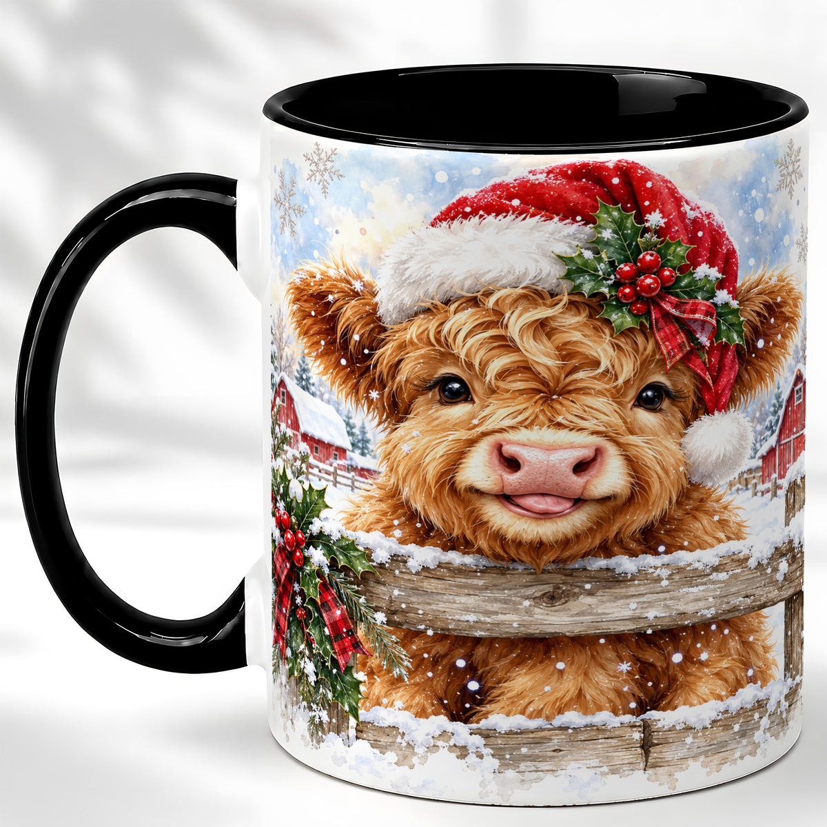 #pl[11oz|Black] Christmas Highland Cow Coffee Mug, Snowy Farm Cow Mug, Ceramic Cup