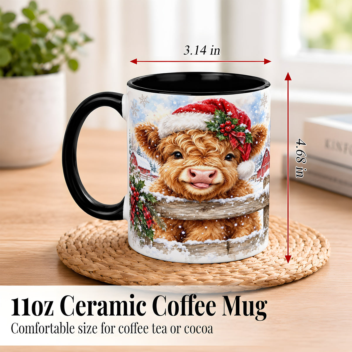#pl[11oz|Black] Christmas Highland Cow Coffee Mug, Snowy Farm Cow Mug, Ceramic Cup