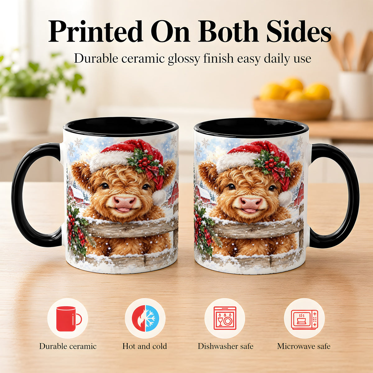 #pl[11oz|Black] Christmas Highland Cow Coffee Mug, Snowy Farm Cow Mug, Ceramic Cup