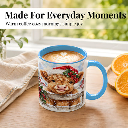 #pl[11oz|Blue] Christmas Highland Cow Coffee Mug, Snowy Farm Cow Mug, Ceramic Cup