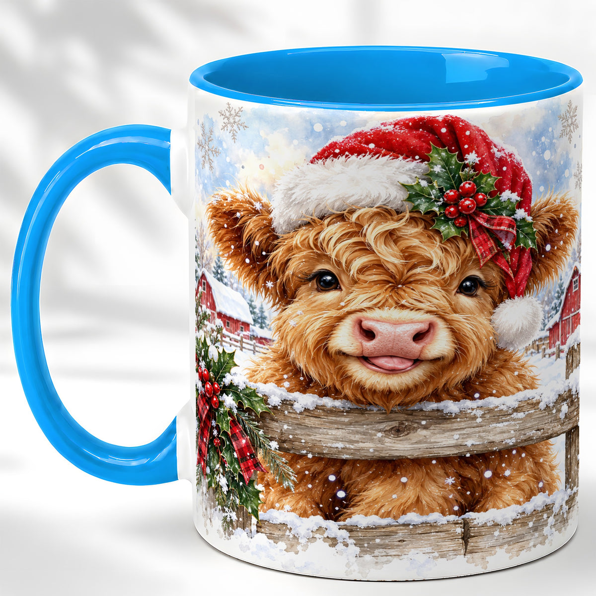 #pl[11oz|Blue] Christmas Highland Cow Coffee Mug, Snowy Farm Cow Mug, Ceramic Cup