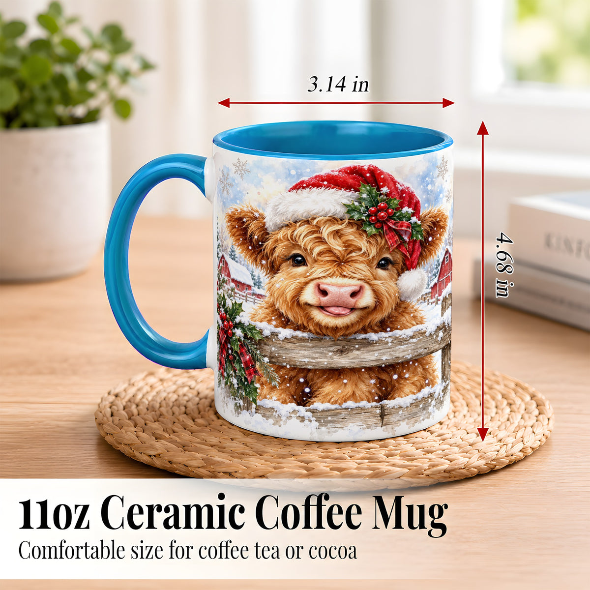 #pl[11oz|Blue] Christmas Highland Cow Coffee Mug, Snowy Farm Cow Mug, Ceramic Cup