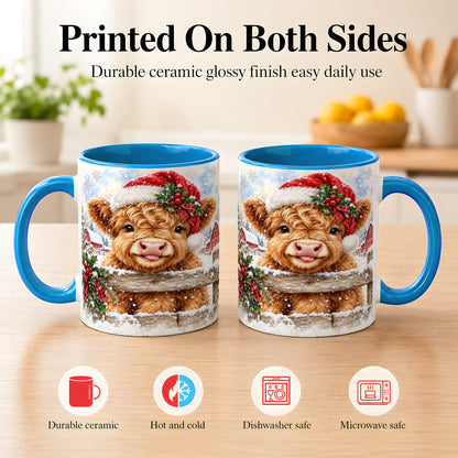 #pl[11oz|Blue] Christmas Highland Cow Coffee Mug, Snowy Farm Cow Mug, Ceramic Cup