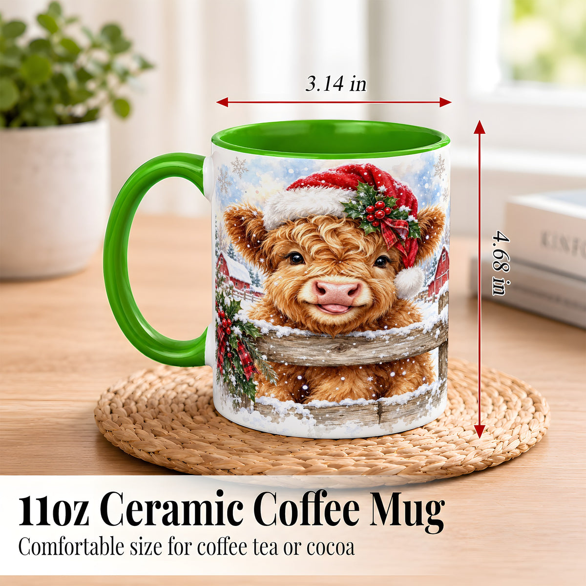 #pl[11oz|Green] Christmas Highland Cow Coffee Mug, Snowy Farm Cow Mug, Ceramic Cup