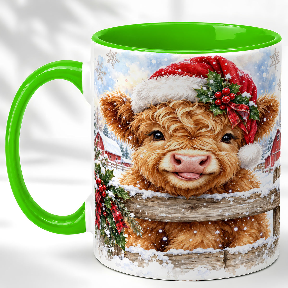 #pl[11oz|Green] Christmas Highland Cow Coffee Mug, Snowy Farm Cow Mug, Ceramic Cup