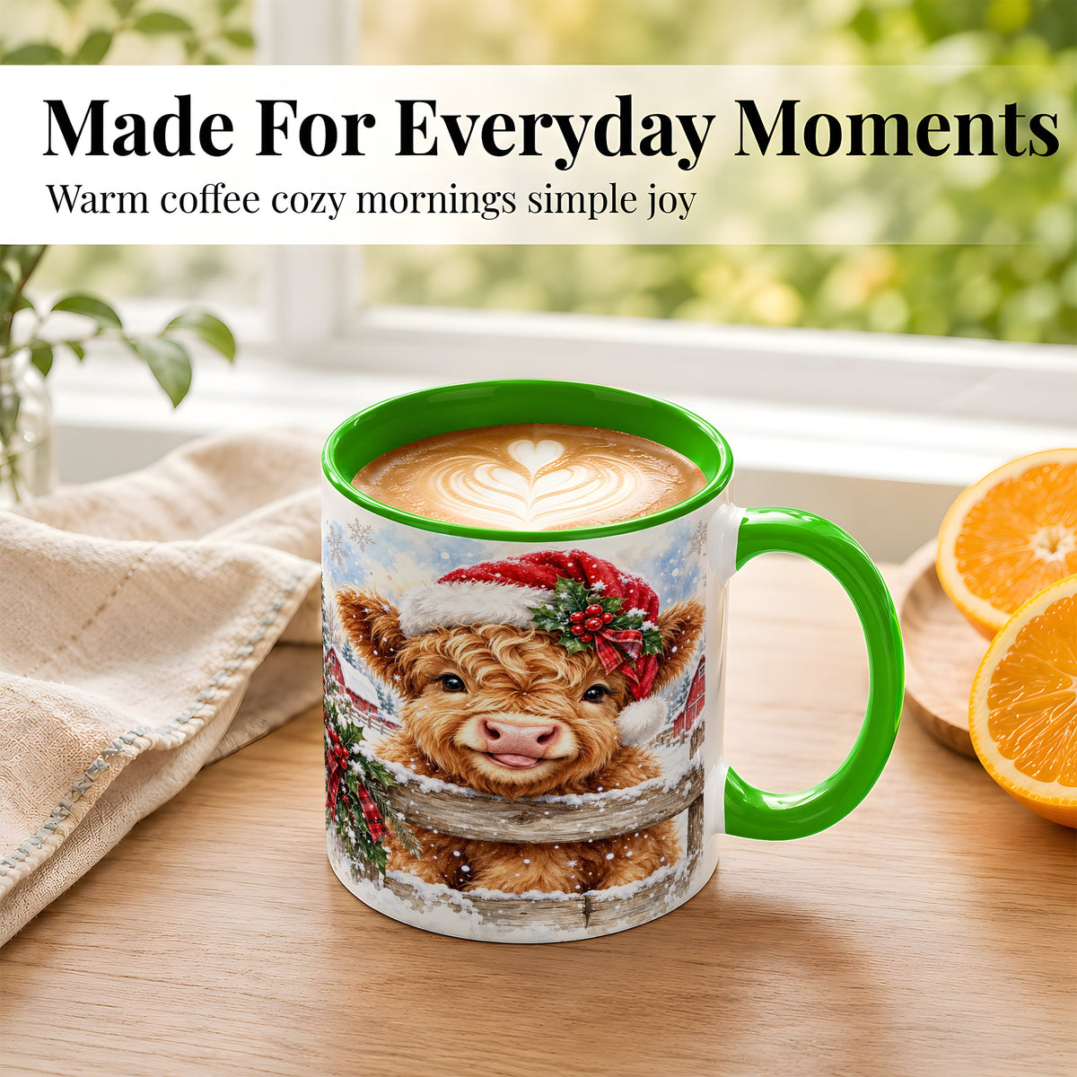 #pl[11oz|Green] Christmas Highland Cow Coffee Mug, Snowy Farm Cow Mug, Ceramic Cup