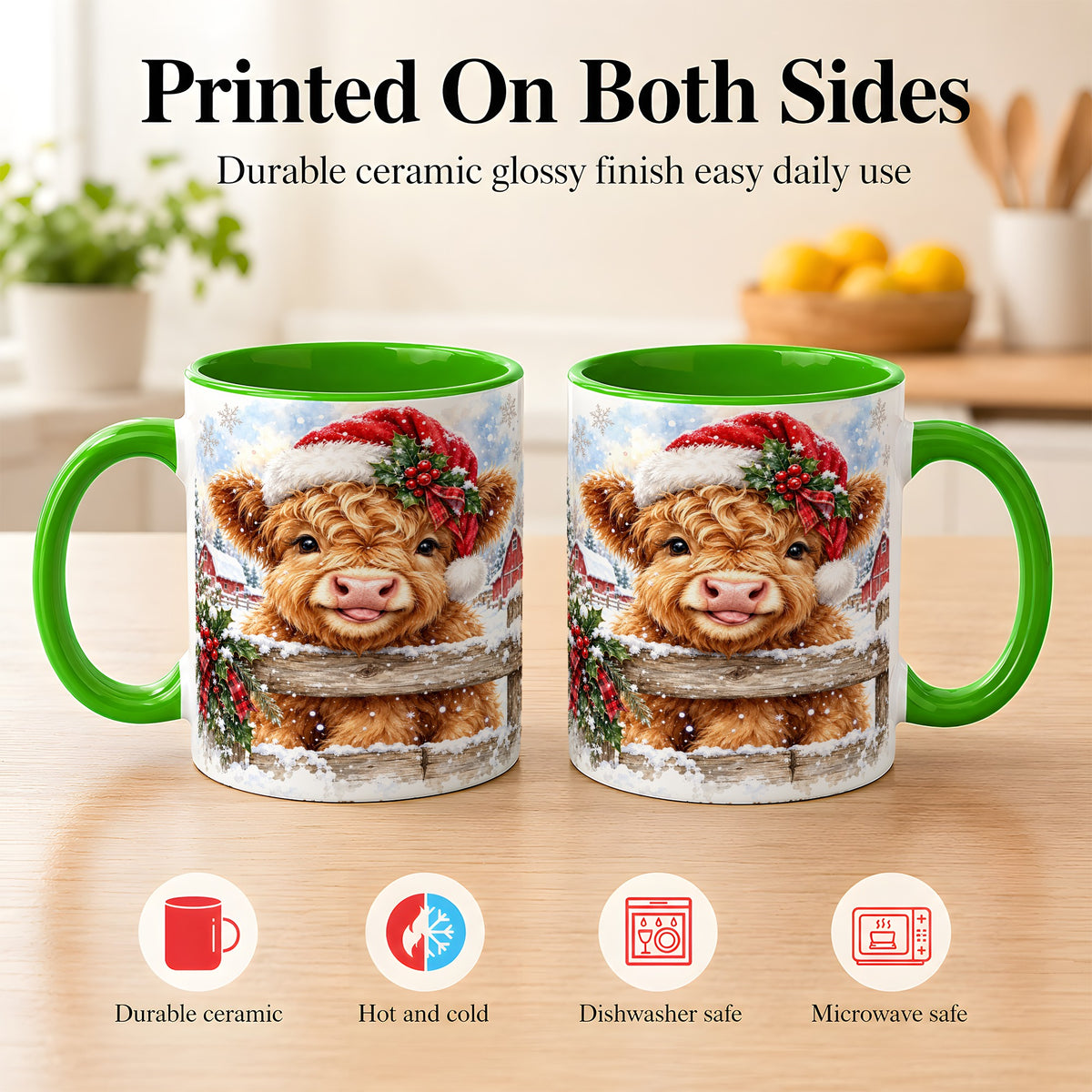 #pl[11oz|Green] Christmas Highland Cow Coffee Mug, Snowy Farm Cow Mug, Ceramic Cup
