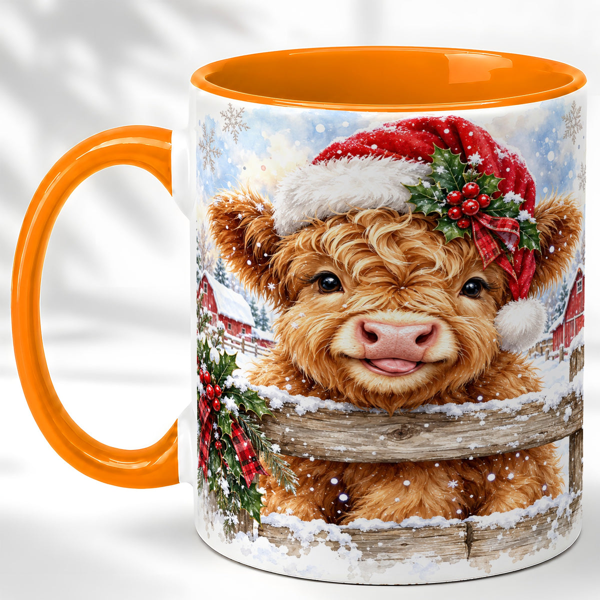 #pl[11oz|Orange] Christmas Highland Cow Coffee Mug, Snowy Farm Cow Mug, Ceramic Cup