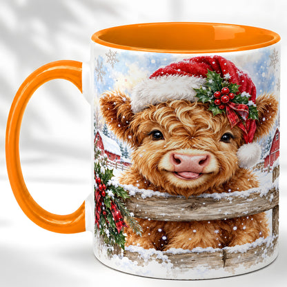#pl[11oz|Orange] Christmas Highland Cow Coffee Mug, Snowy Farm Cow Mug, Ceramic Cup