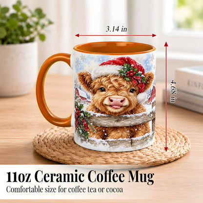 #pl[11oz|Orange] Christmas Highland Cow Coffee Mug, Snowy Farm Cow Mug, Ceramic Cup
