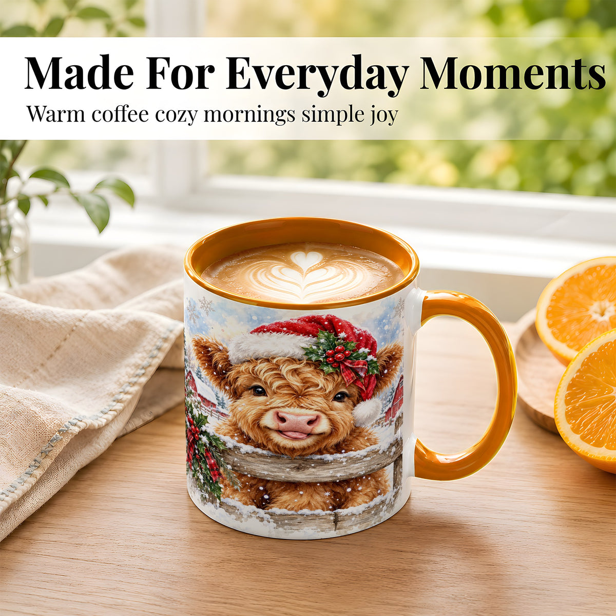 #pl[11oz|Orange] Christmas Highland Cow Coffee Mug, Snowy Farm Cow Mug, Ceramic Cup