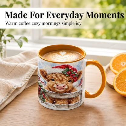 #pl[11oz|Orange] Christmas Highland Cow Coffee Mug, Snowy Farm Cow Mug, Ceramic Cup