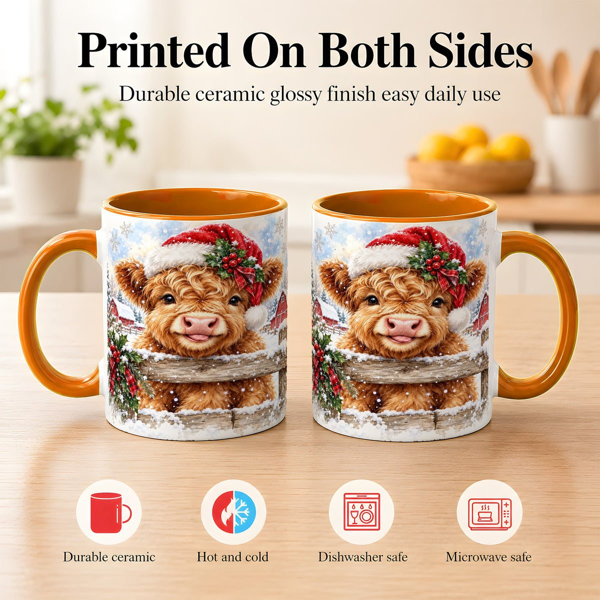 #pl[11oz|Orange] Christmas Highland Cow Coffee Mug, Snowy Farm Cow Mug, Ceramic Cup