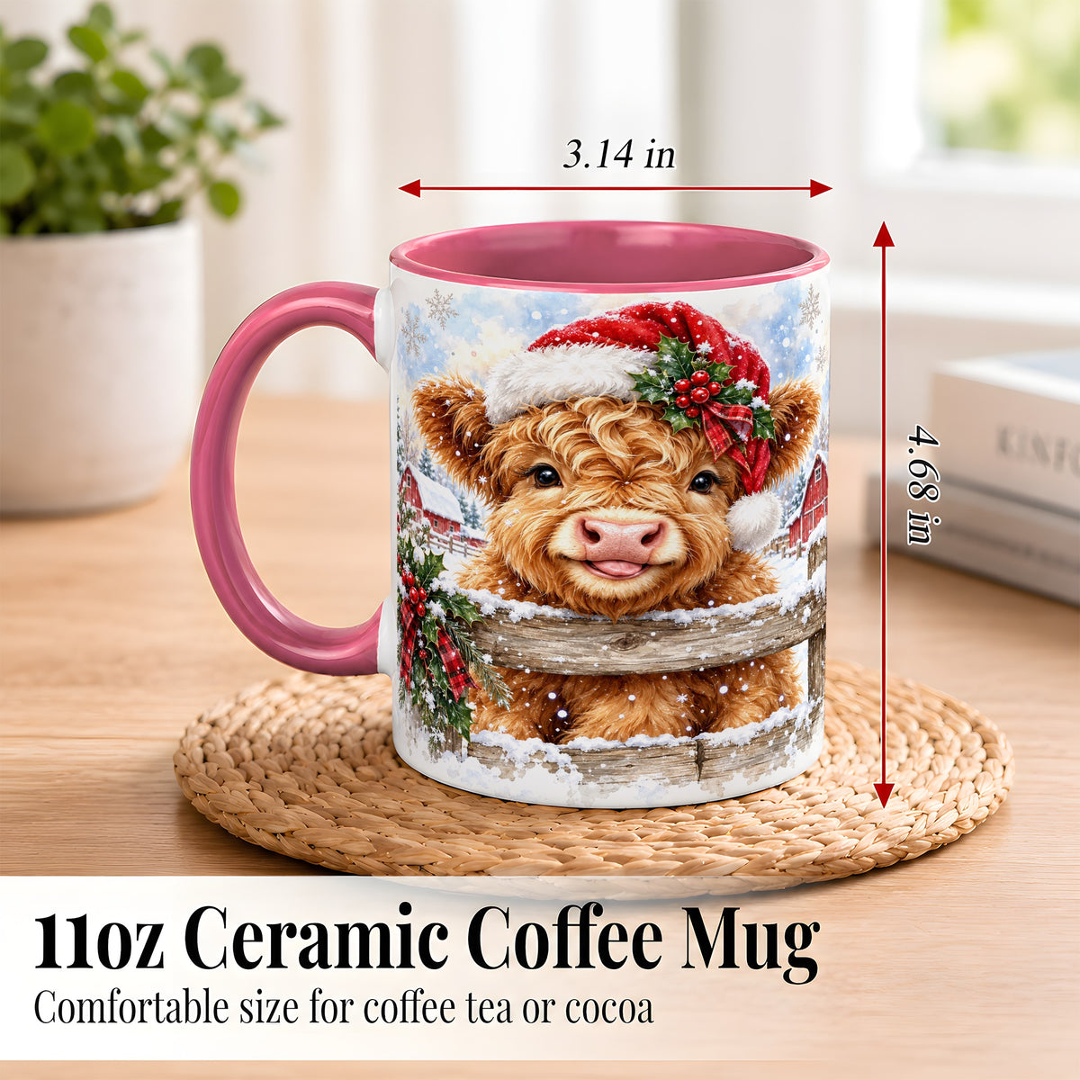 #pl[11oz|Pink] Christmas Highland Cow Coffee Mug, Snowy Farm Cow Mug, Ceramic Cup