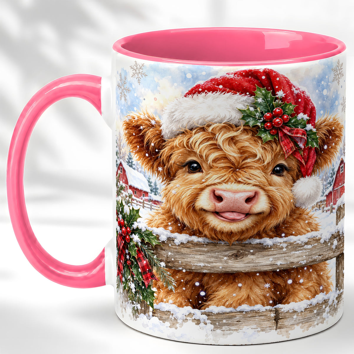 #pl[11oz|Pink] Christmas Highland Cow Coffee Mug, Snowy Farm Cow Mug, Ceramic Cup