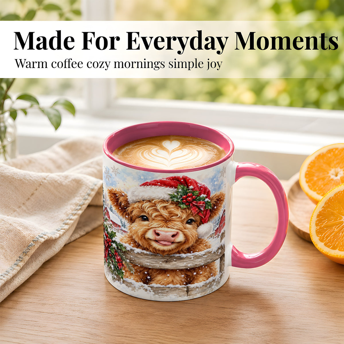 #pl[11oz|Pink] Christmas Highland Cow Coffee Mug, Snowy Farm Cow Mug, Ceramic Cup