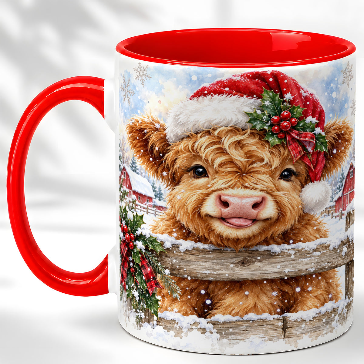 #pl[11oz|Red] Christmas Highland Cow Coffee Mug, Snowy Farm Cow Mug, Ceramic Cup