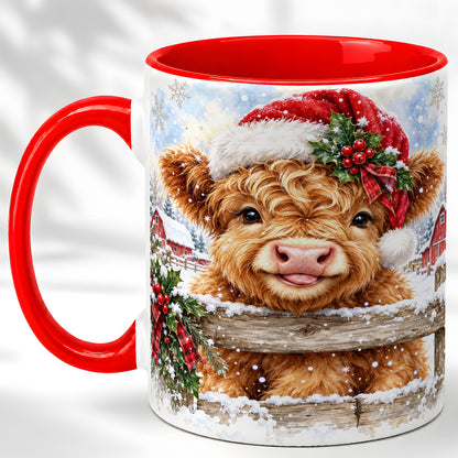 #pl[11oz|Red] Christmas Highland Cow Coffee Mug, Snowy Farm Cow Mug, Ceramic Cup