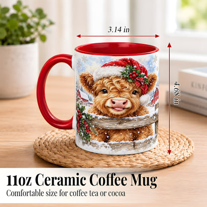 #pl[11oz|Red] Christmas Highland Cow Coffee Mug, Snowy Farm Cow Mug, Ceramic Cup