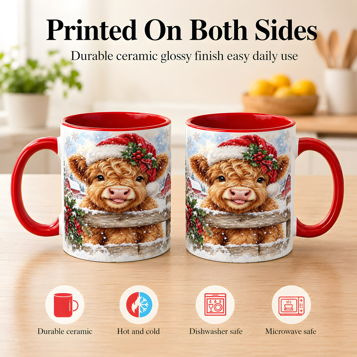 #pl[11oz|Red] Christmas Highland Cow Coffee Mug, Snowy Farm Cow Mug, Ceramic Cup