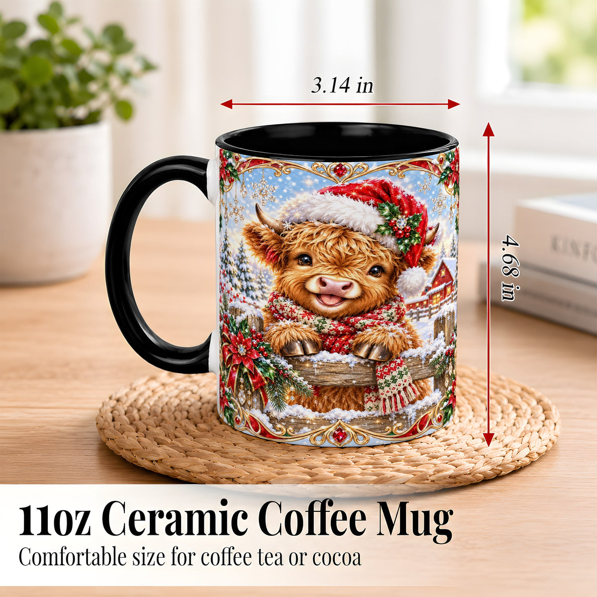 #pl[11oz|Black] Christmas Highland Cow Coffee Mug, Poinsettia Cow Mug, Ceramic Cup