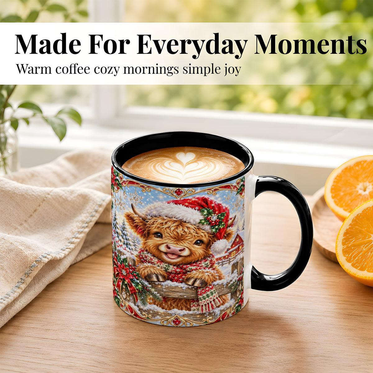 #pl[11oz|Black] Christmas Highland Cow Coffee Mug, Poinsettia Cow Mug, Ceramic Cup